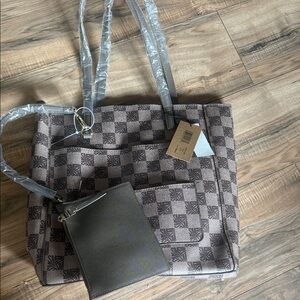 Steve Madden Black and Brown Checkered Tote with Pouch